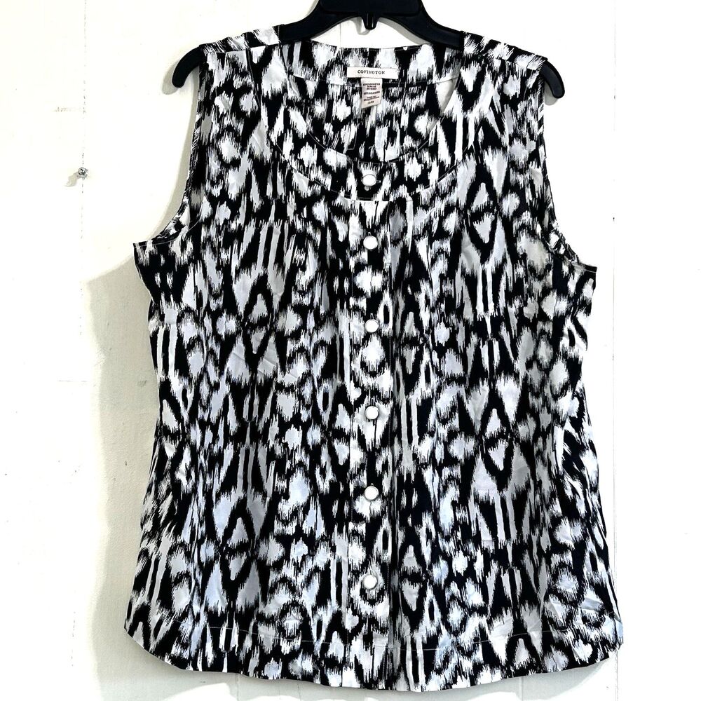 Covington Black White 100% Silk Top Size XL Sleeveless Button Down Closure Top